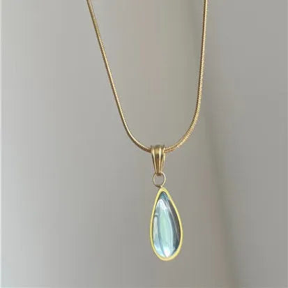 Retro water drop necklace with mixed gem pendant on titanium steel snake bones chain