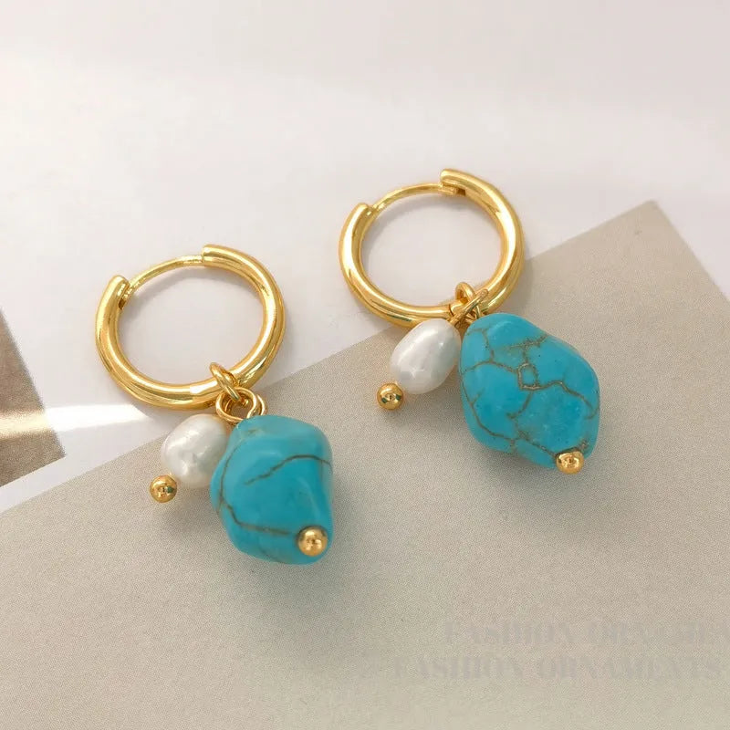 Copper geometric earrings with turquoise stones and cultured pearls in short and long drop styles