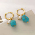 Copper geometric earrings with turquoise stones and cultured pearls in short and long drop styles