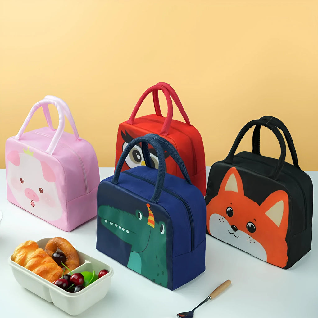 Cartoon children's insulated lunch box bag in choice of seven animal designs like orange bear and green dinosaur.