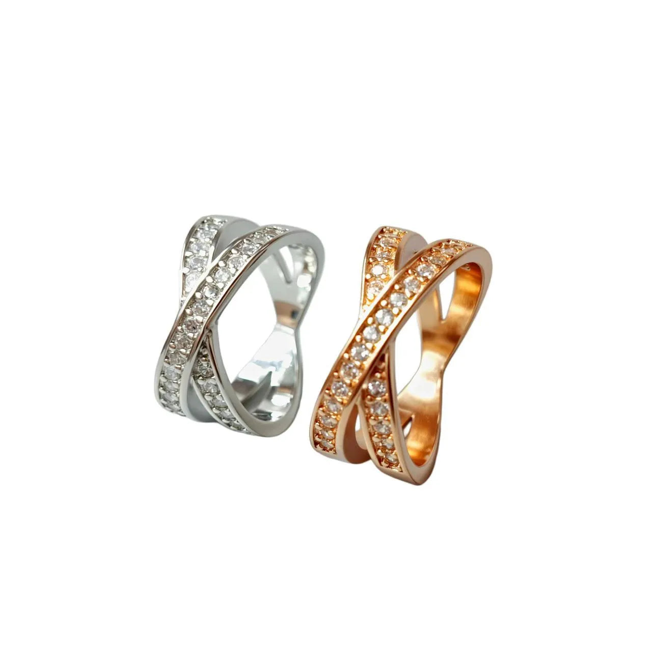 Metal cross ring with micro-inlaid zircon detailing in silver or rose gold electroplated finish