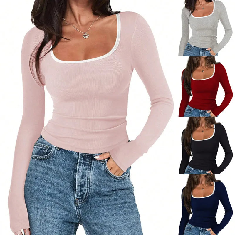 Women's slim fit cotton long sleeve top with square collar in solid colour.
