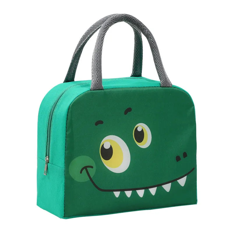 Cartoon children's insulated lunch box bag in choice of seven animal designs like orange bear and green dinosaur.