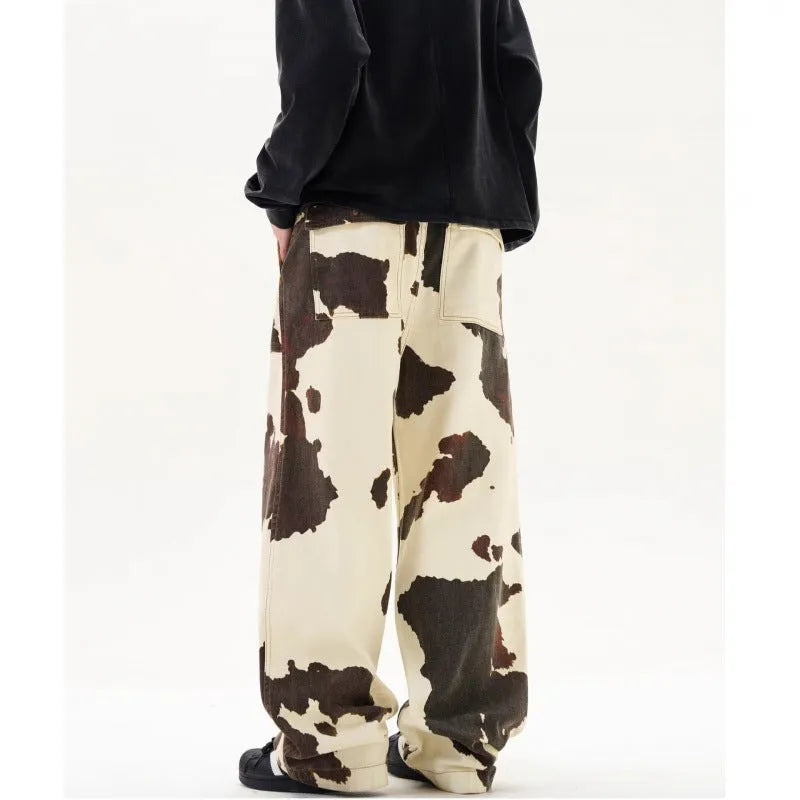Men's retro American cows print straight-leg trousers in 7698 cow colour with button fly opening