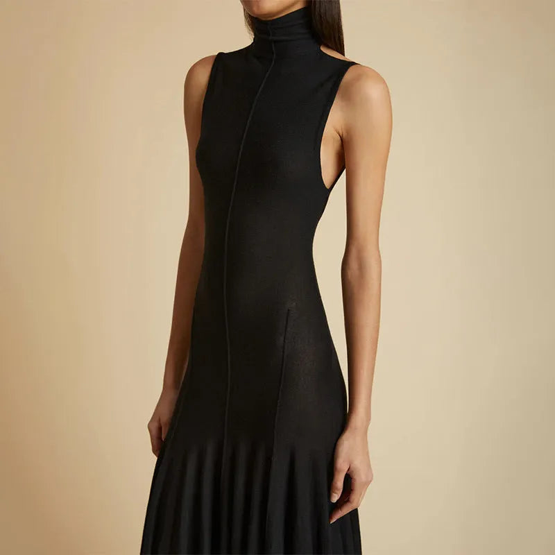 Grey cotton women's dress with half turtleneck collar and backless design