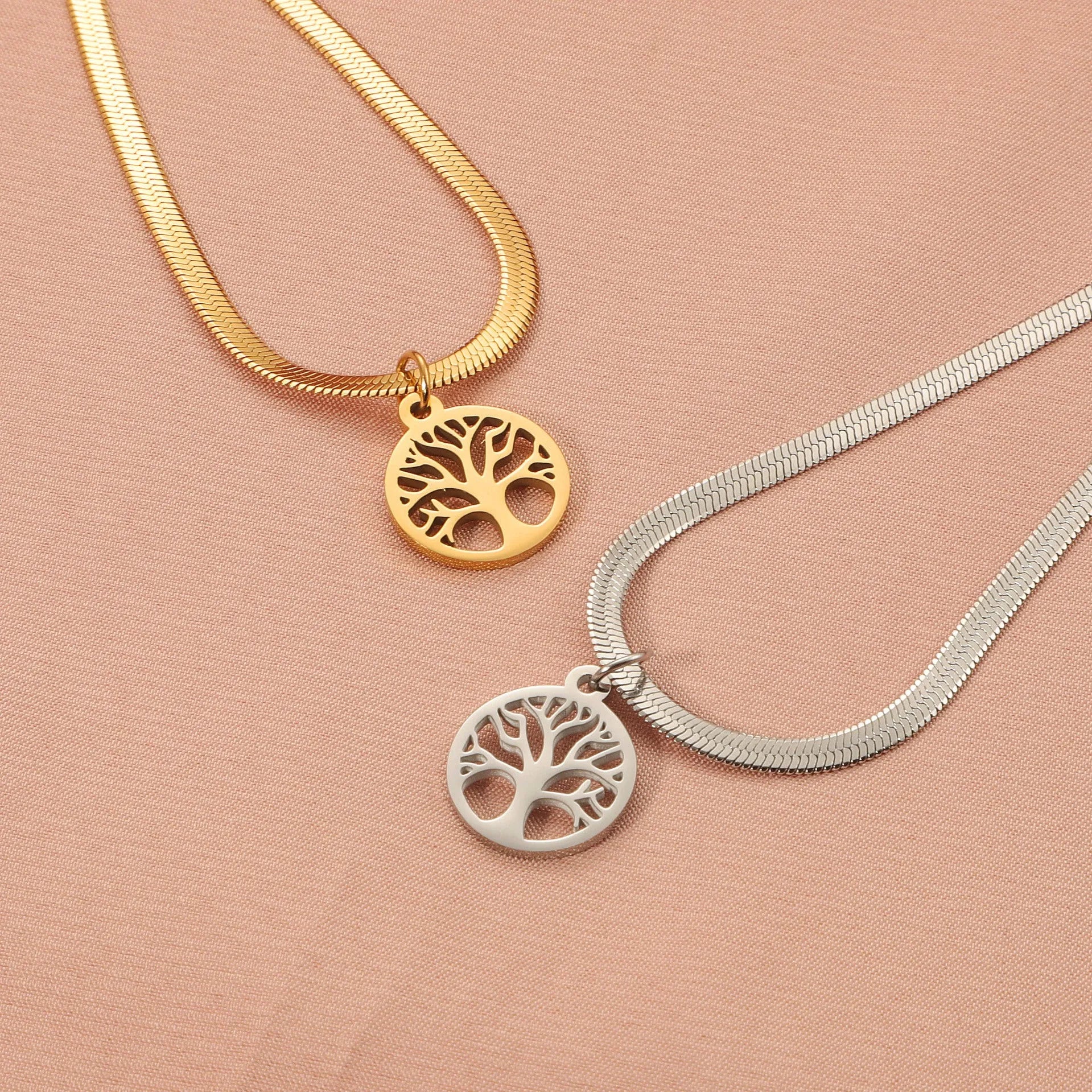 Stainless steel chain necklace with U-shaped lucky tree pendant in gold or steel colour options