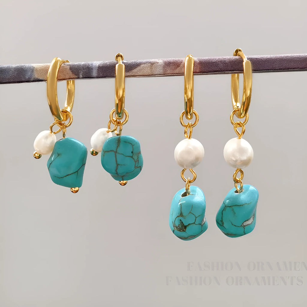 Copper geometric earrings with turquoise stones and cultured pearls in short and long drop styles