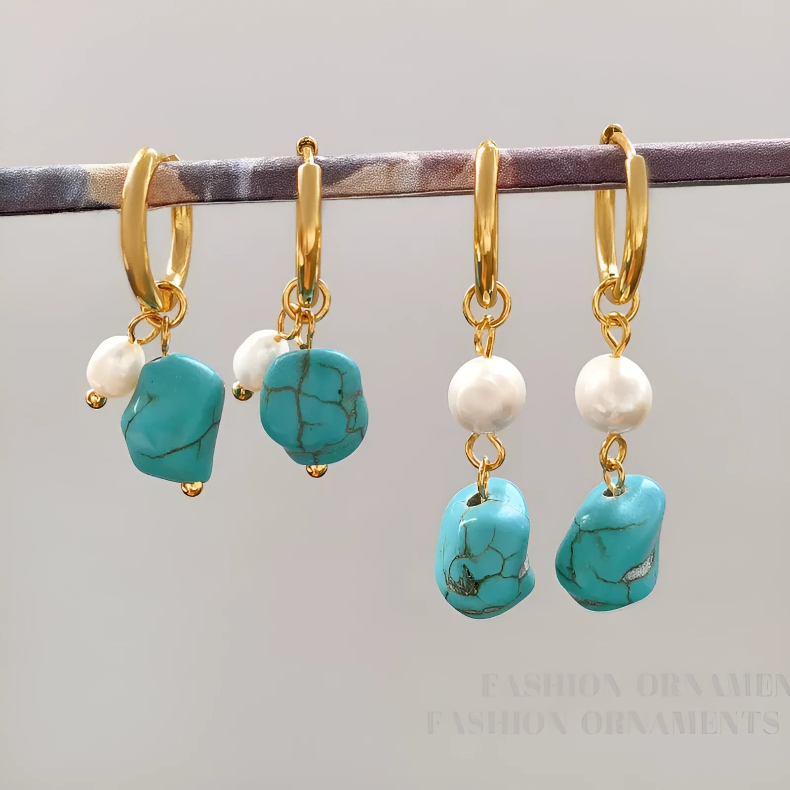 Copper geometric earrings with turquoise stones and cultured pearls in short and long drop styles