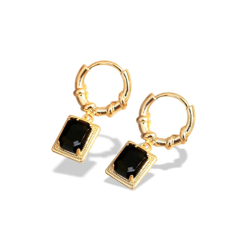 Black geometric quadrilateral zircon earrings with French court retro design on copper alloy