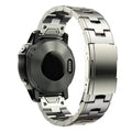 Garmin Jiaming Fenix watch strap in silver, black and titanium colours showing 22mm and 26mm width options