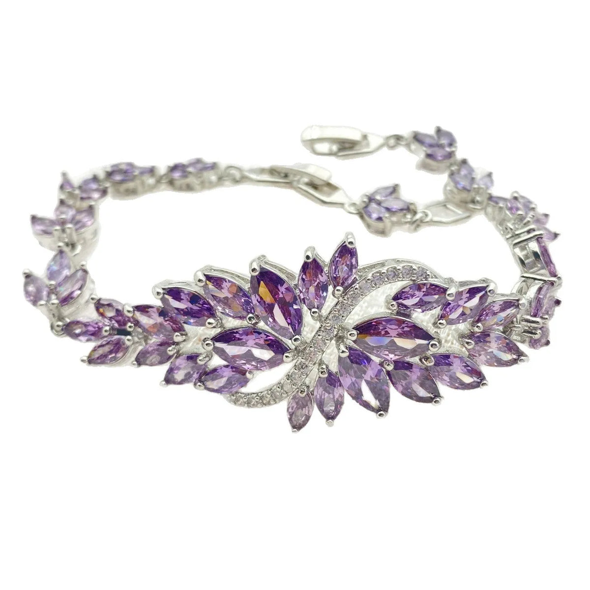 Gold electroplated bracelet with colourful zircon stones and ice flower pattern detailing on copper base