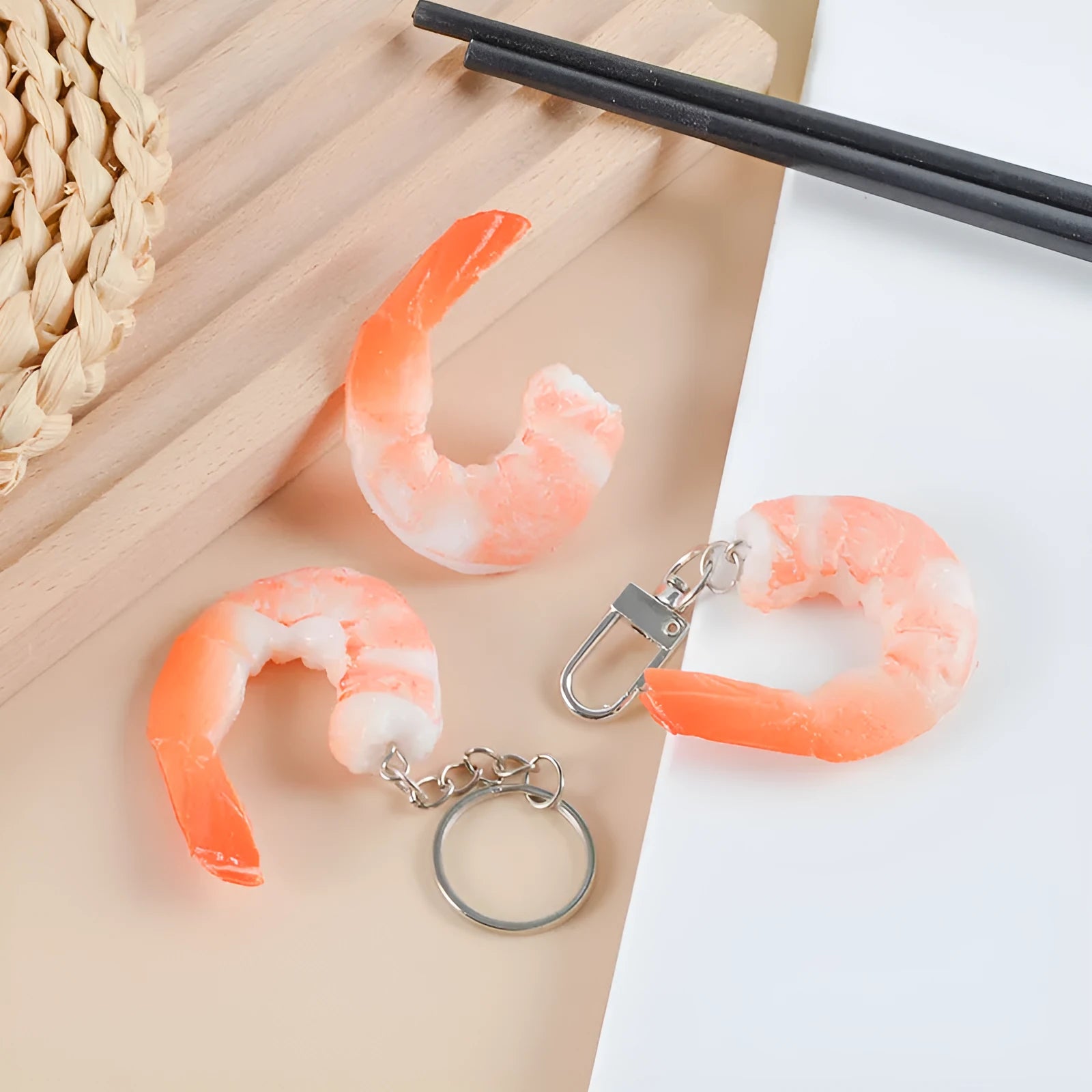 PVC injection moulded shrimp simulation keychain pendant with door buckle attachment