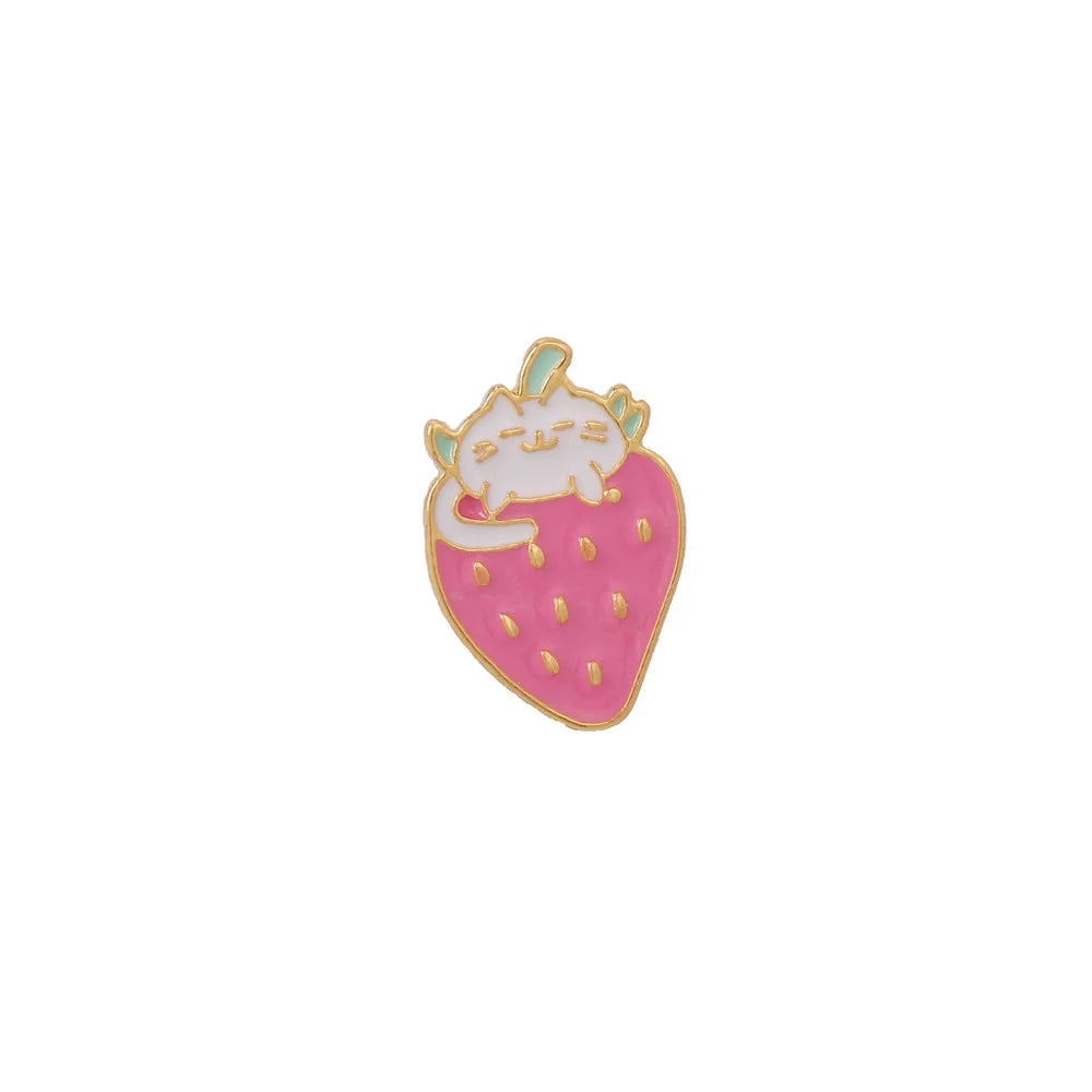 Alloy metal brooch showing a cute cat figure with a strawberry cake and dripping oil decoration.