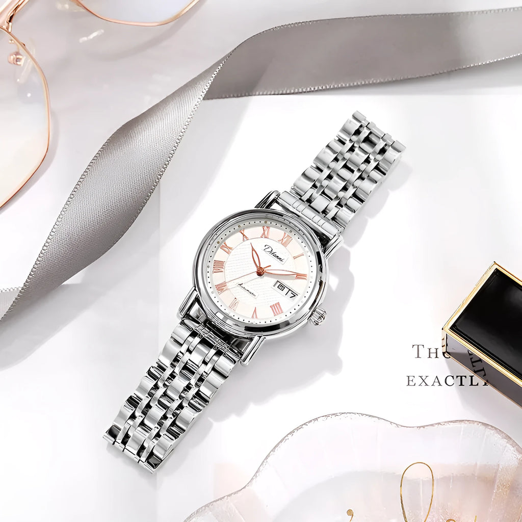 Women's fashion automatic mechanical watch with steel or leather strap options in multiple colours