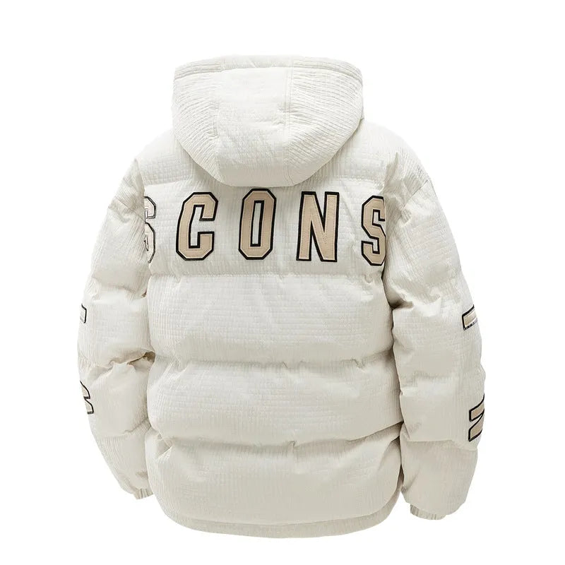 Men's black hooded winter coat with letter-print design and side pockets in Korean style