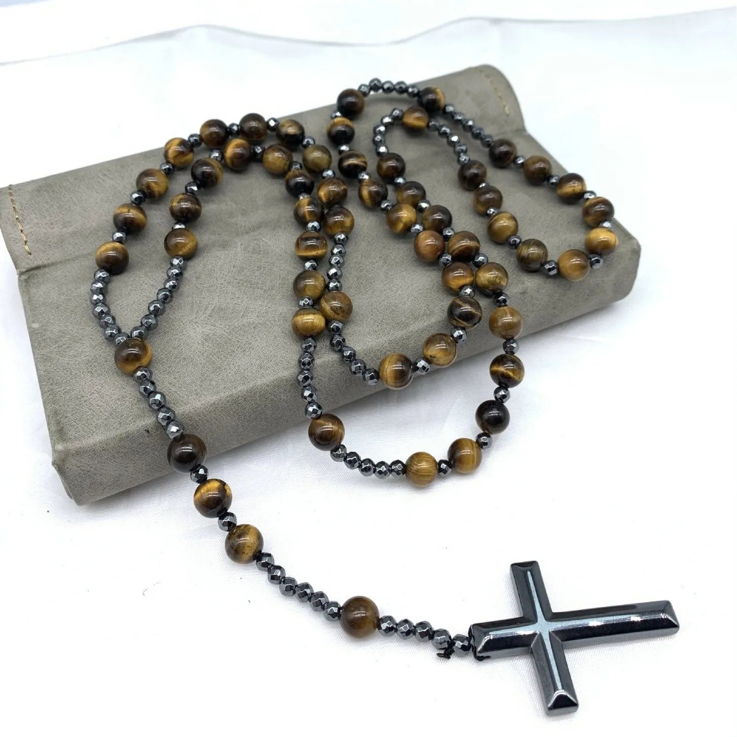 Men's stone cross pendant necklace on 80cm ball bead chain with safety clasp