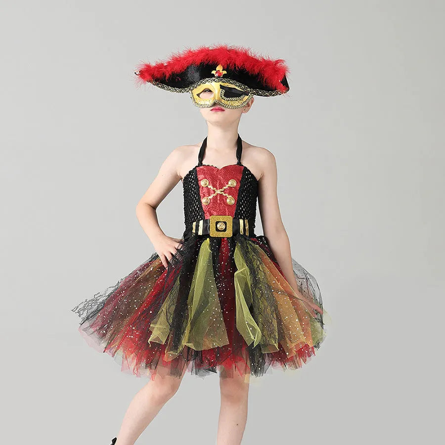 Girls pirate costume Halloween dress with sequins and mesh detailing in pirate skirt design