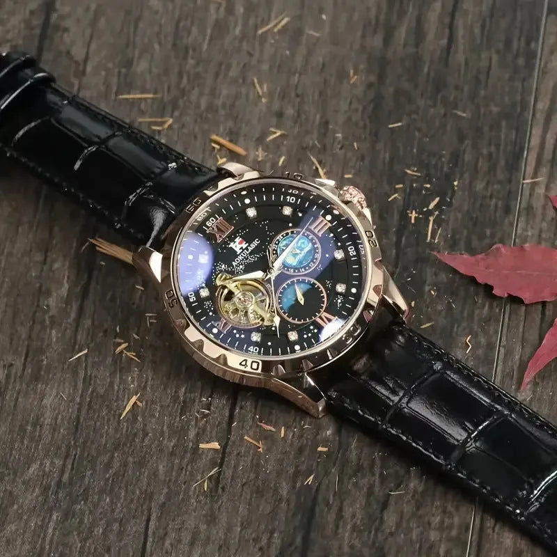 Large dial automatic mechanical watch with rose gold case, black leather strap, and visible skeleton movement