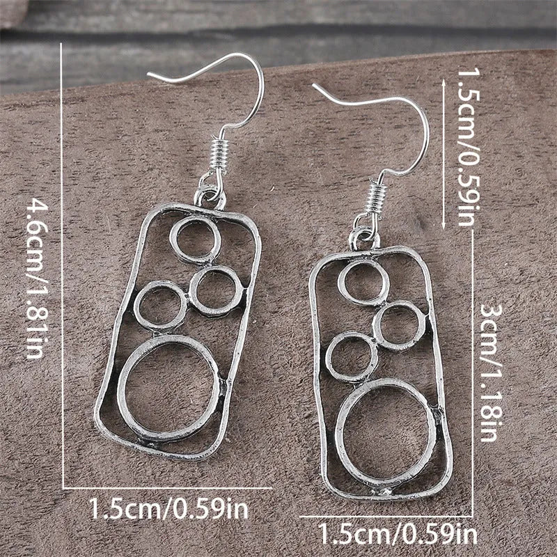 Round ring earrings with geometric irregular square design in antique silver finish