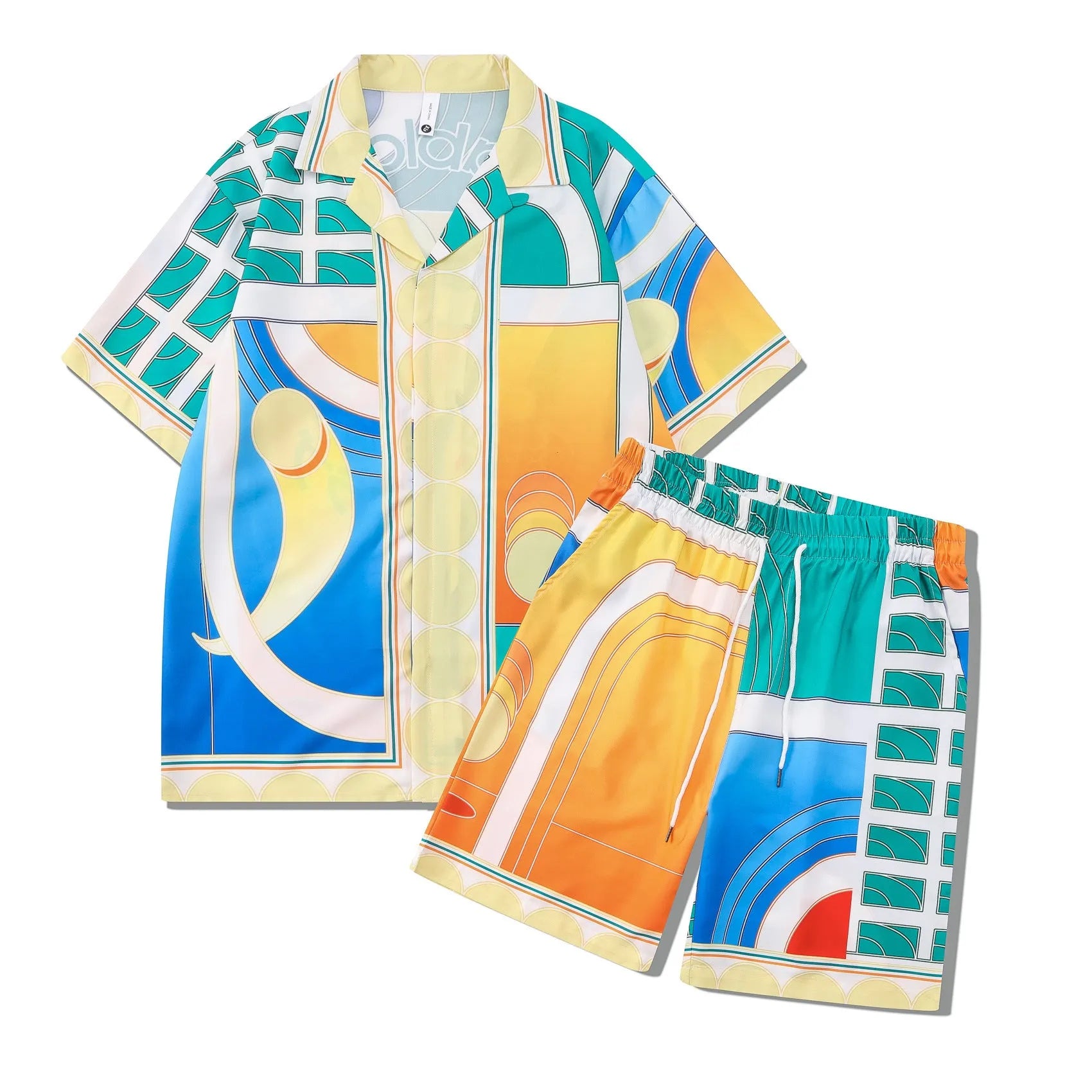 Plaid printed beach outfit set including short sleeve shirt and trousers for men and women