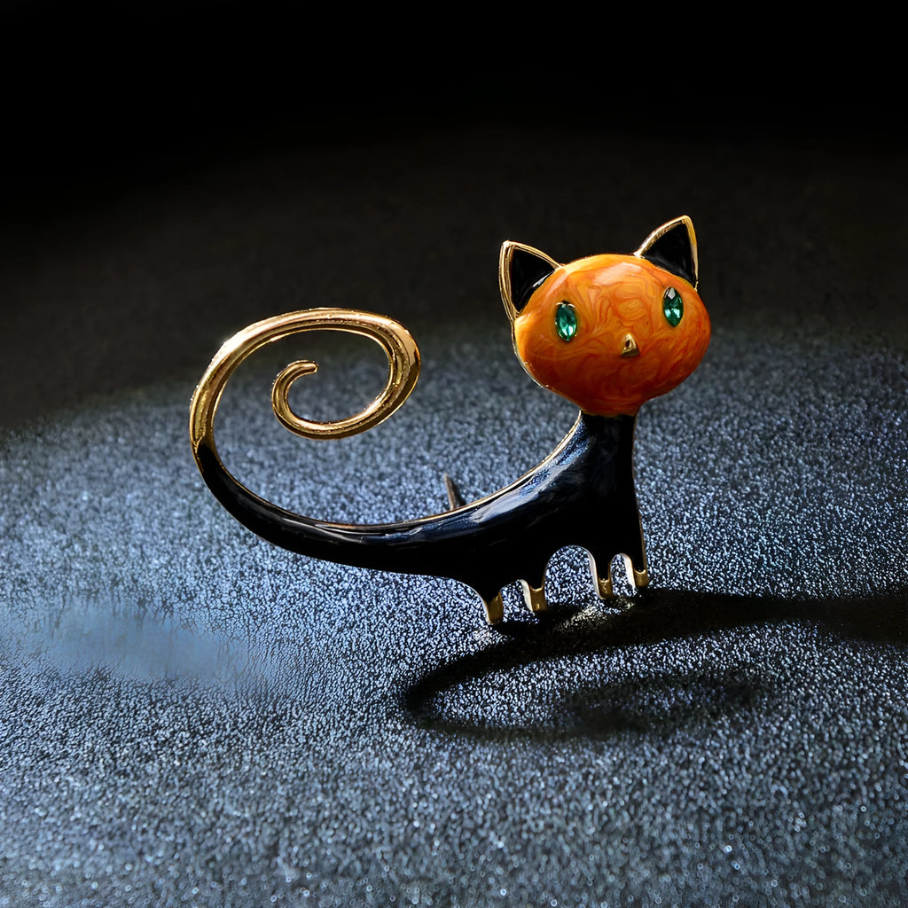 Women's alloy cat brooch with painted tail-up kitty design in orange or white colour