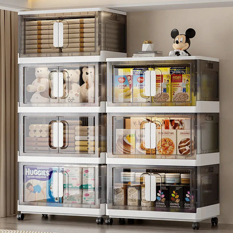 Foldable white household storage locker with wheels and multiple shelves
