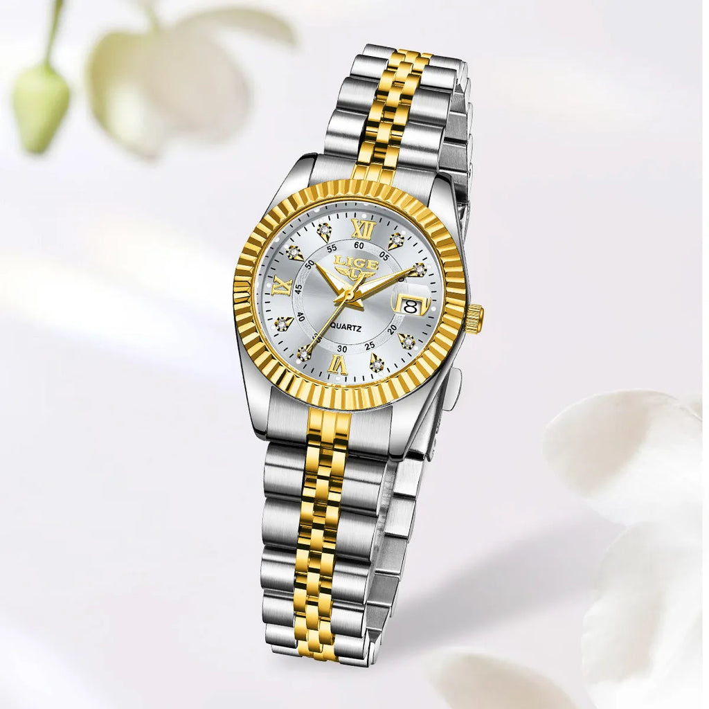 Waterproof ladies fashion quartz watch in gold, silver, or monochrome colours with 10mm alloy case.