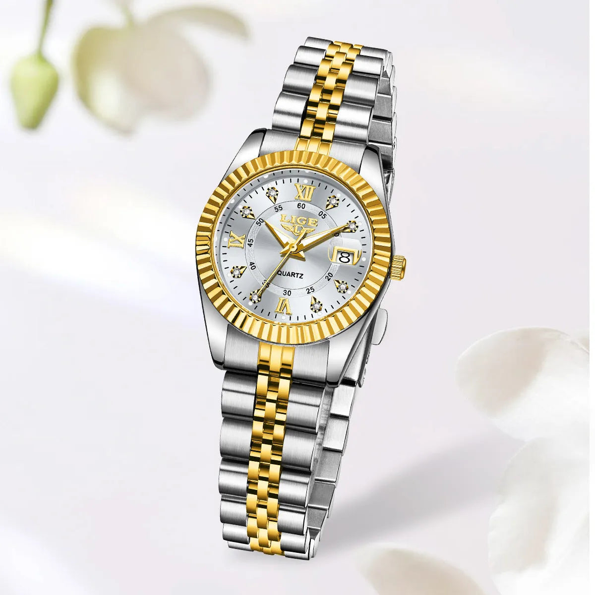 Waterproof ladies fashion quartz watch in gold, silver, or monochrome colours with 10mm alloy case.