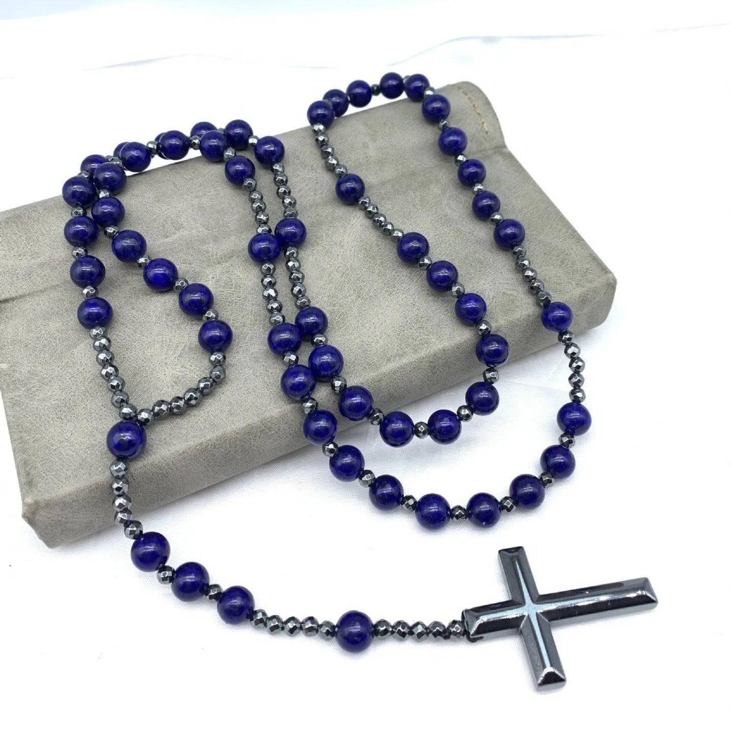 Men's stone cross pendant necklace on 80cm ball bead chain with safety clasp