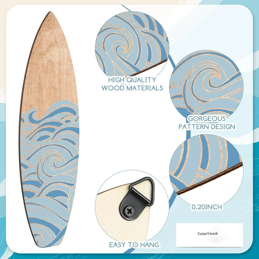 Three wooden surfboard wall decorations with European styling on a white background