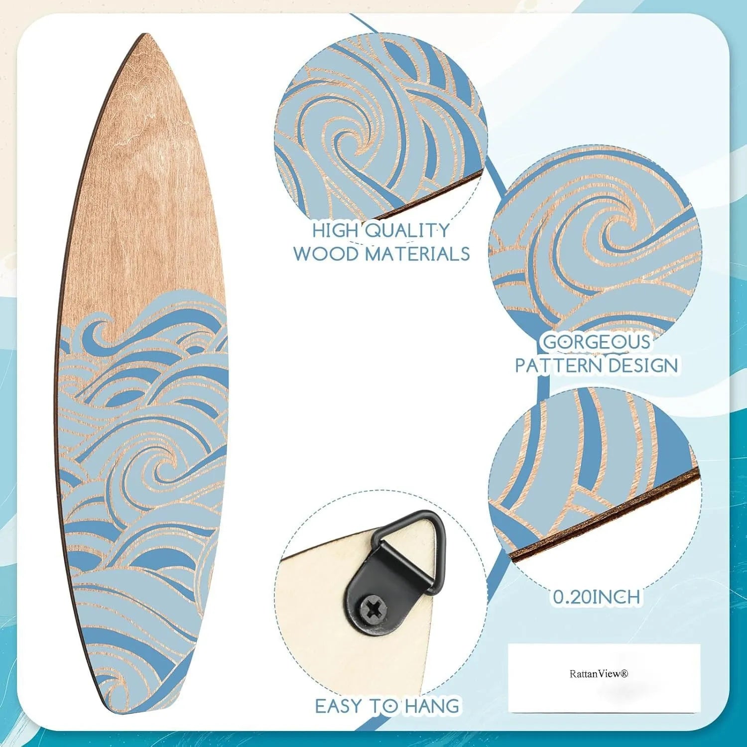 Three wooden surfboard wall decorations with European styling on a white background