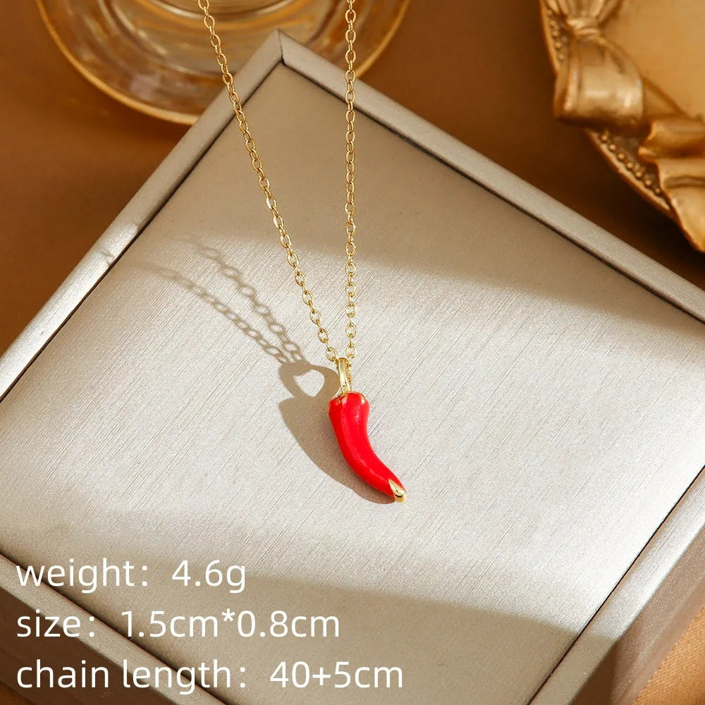 Titanium steel women's necklace with fruit pendant on O-ring chain in golden and steel colour options
