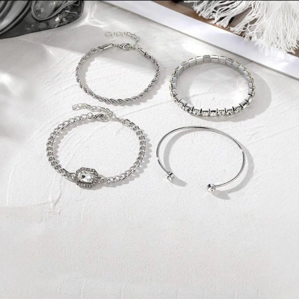 Women's geometric retro alloy bracelet set with square diamond patterns in gold or silver four-piece collection