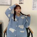 Women's blue cloud pattern cardigan sweater with loose fit and long sleeves