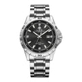 Men's silver quartz watch with luminous hands and stainless steel strap