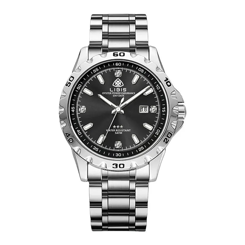 Men's silver quartz watch with luminous hands and stainless steel strap