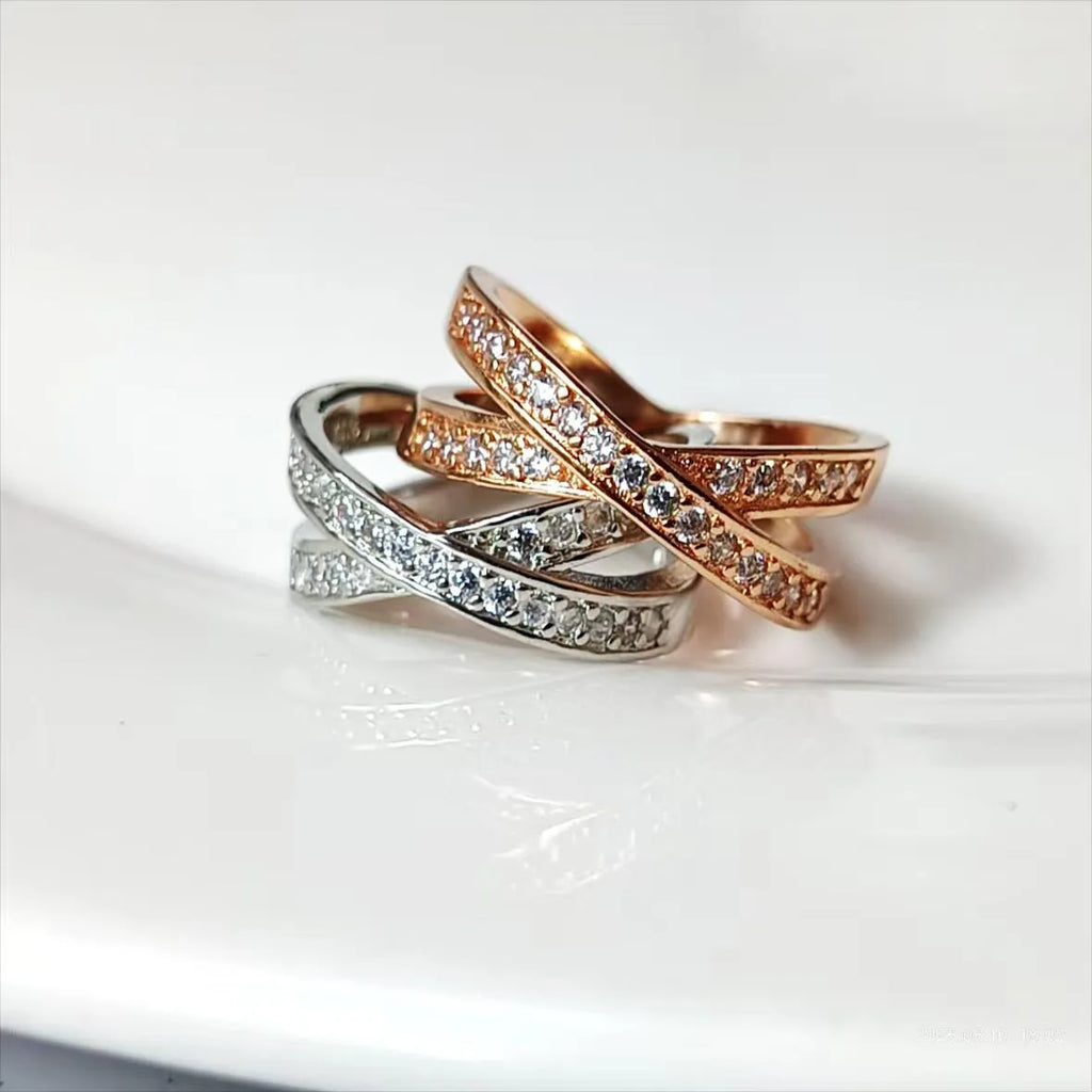 Metal cross ring with micro-inlaid zircon detailing in silver or rose gold electroplated finish