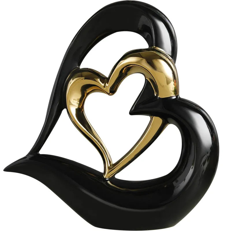 Modern white porcelain heart ornament with metallic finish in geometric design for living room or wine cabinet decoration