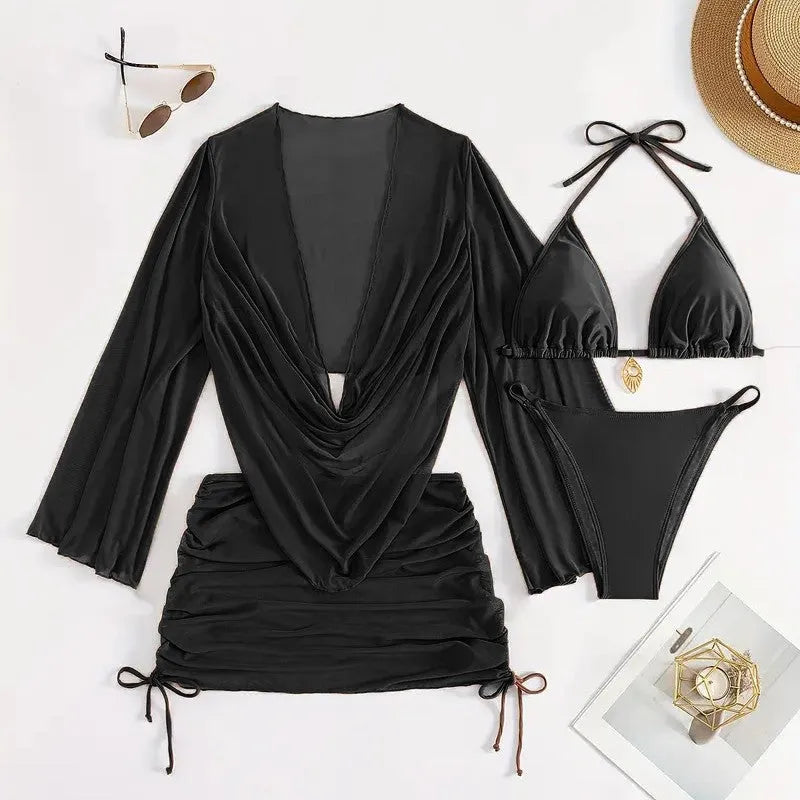 Dark brown women's lace-up backless bikini swimsuit set on a model, showing sleeveless design.