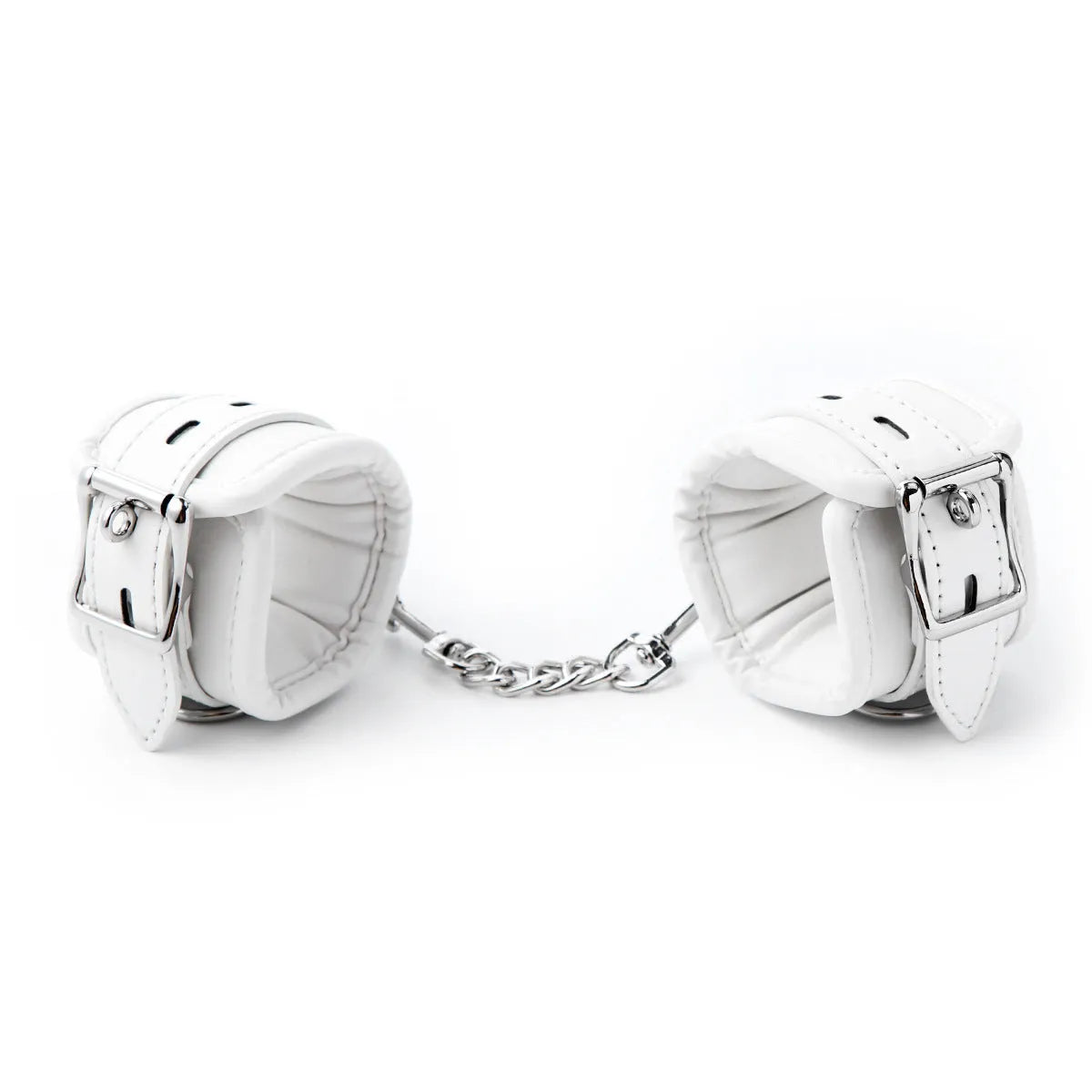 White PU sponge BDSM bondage set showing handcuffs, foot cuffs, and a neck scarf.