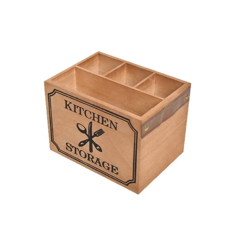 Wooden kitchen storage box with grid divider for organising knives forks and chopsticks