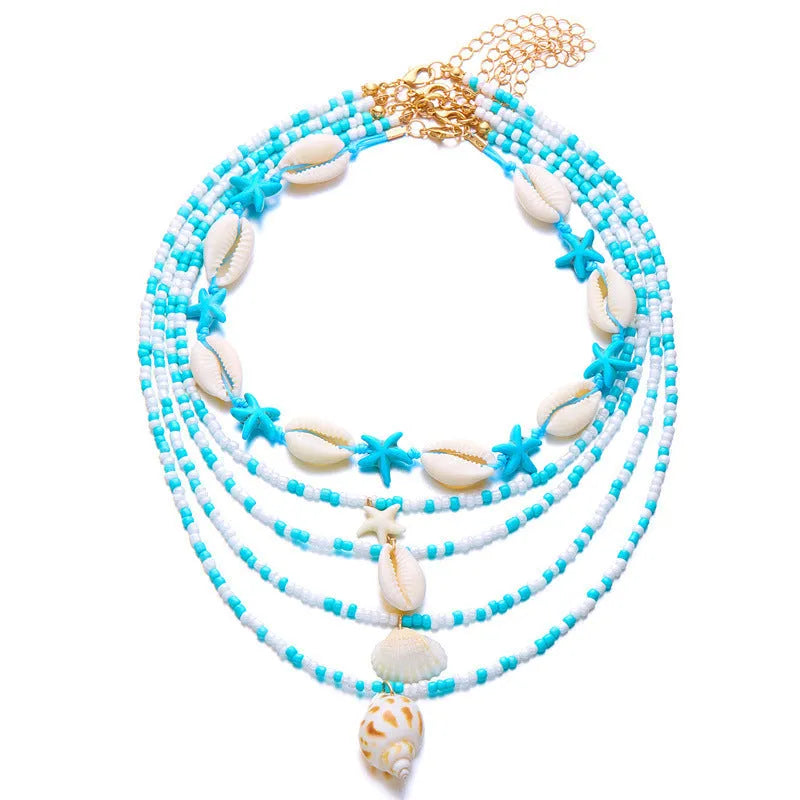 Multi-layer women's necklace set with starfish shell beads and adjustable chain