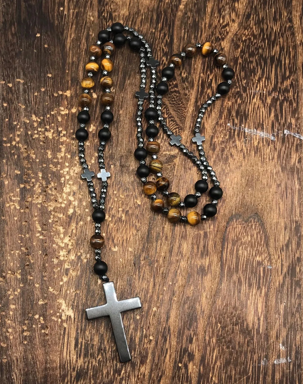 Men's stone cross pendant necklace on 80cm ball bead chain with safety clasp