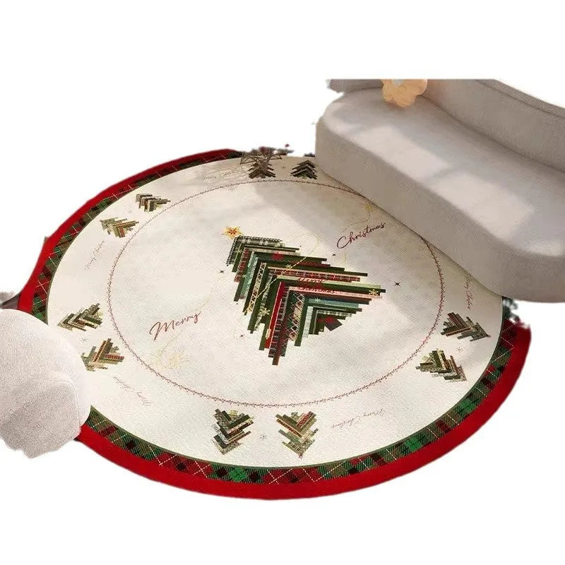 Red Christmas-themed round polyester floor mat with non-slip base on a living room floor.