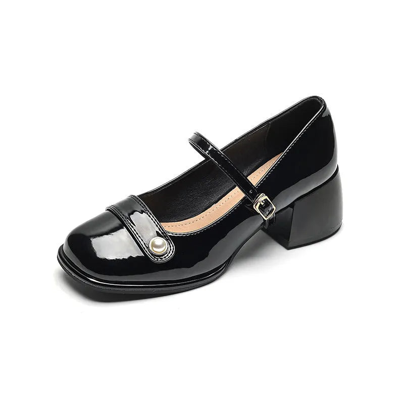 Women's patent leather ankle boots with chunky heels and square toe in apricot colour with buckle fastening