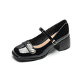 Women's patent leather ankle boots with chunky heels and square toe in apricot colour with buckle fastening