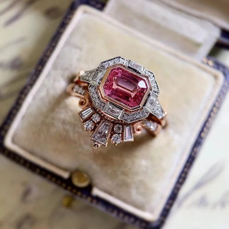 Rose gold geometric women's fashion ring with retro styling in various size options