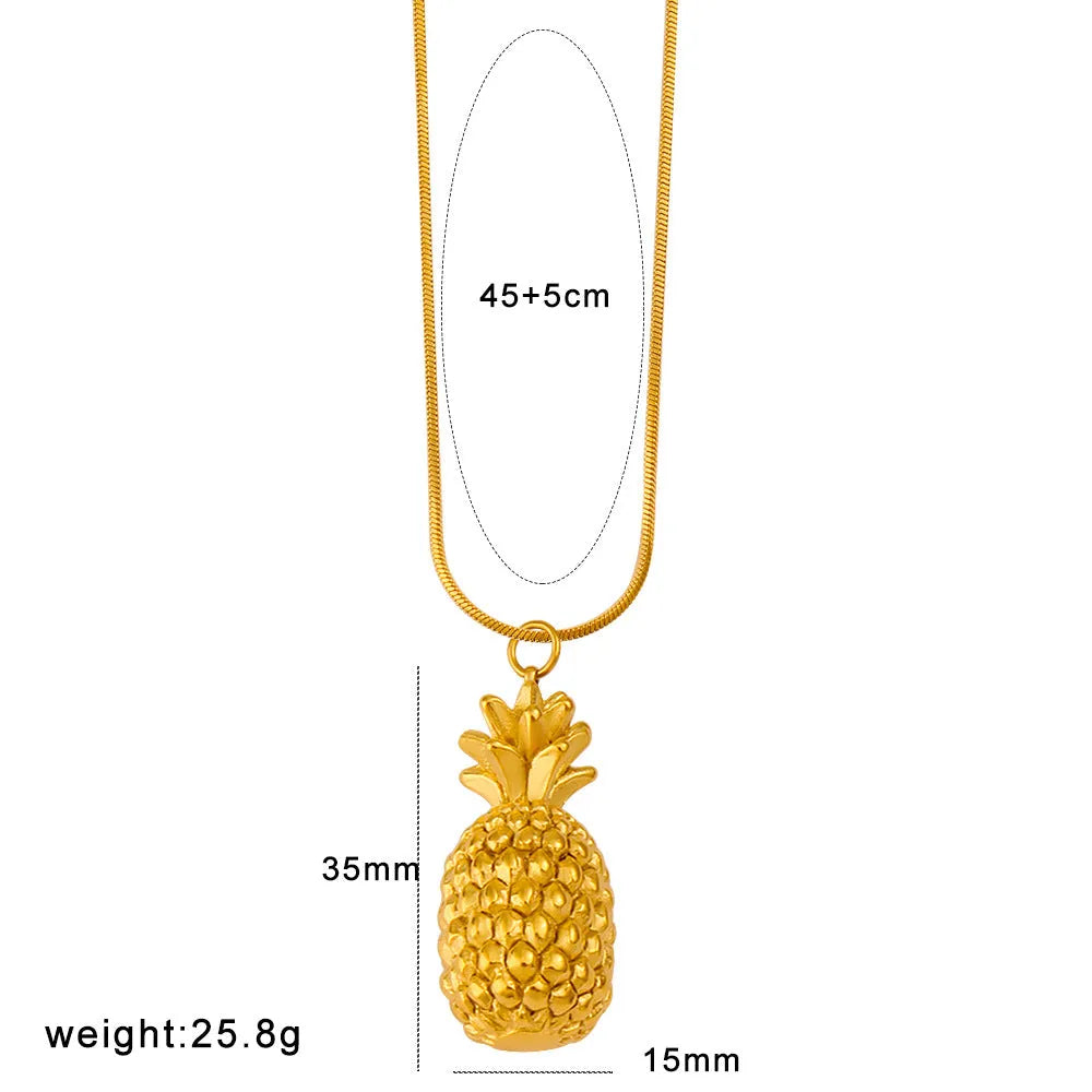 Alloy fruit pendant necklace with apple, grape, watermelon, banana, pineapple, strawberry designs on stainless steel chain.