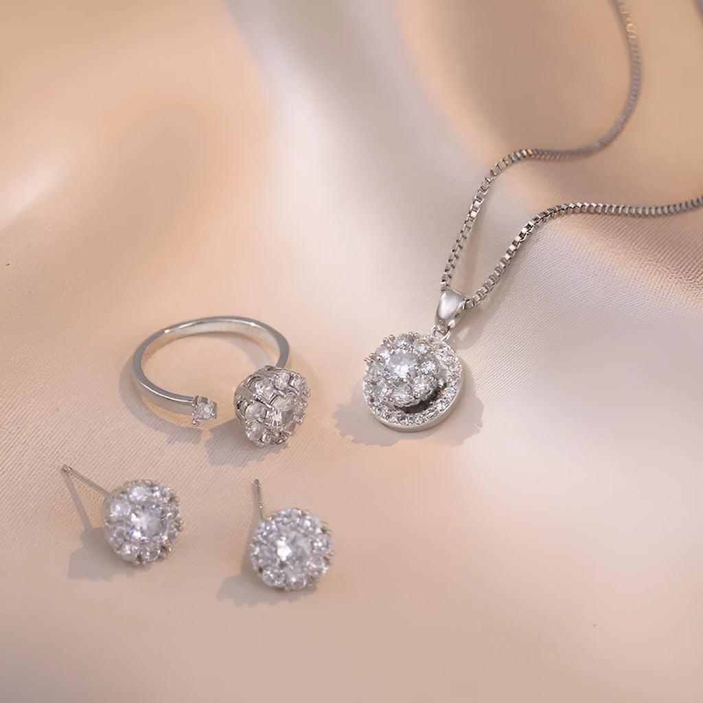 Zircon light luxury good luck rotating open rings ear studs necklace suit for women, copper and zircon, floral sun snowflake pattern