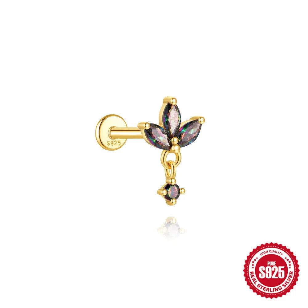 S925 sterling silver flat head labret stud with shiny rainbow stone and internal thread post.